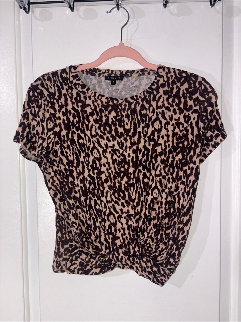 Dynamite Brown & Black Leopard Twist-Front Short Sleeve Tee